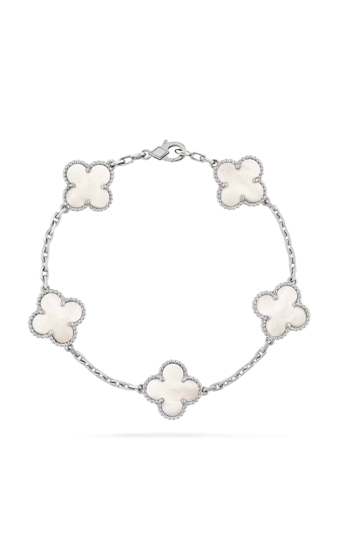Bracelet with white floral links on a white background